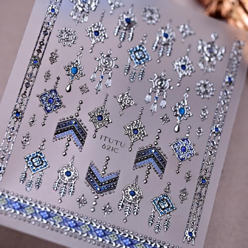 Boho Nail Stickers Silver Blue Ethnic Tribal Feather Designs - color: Color 23
