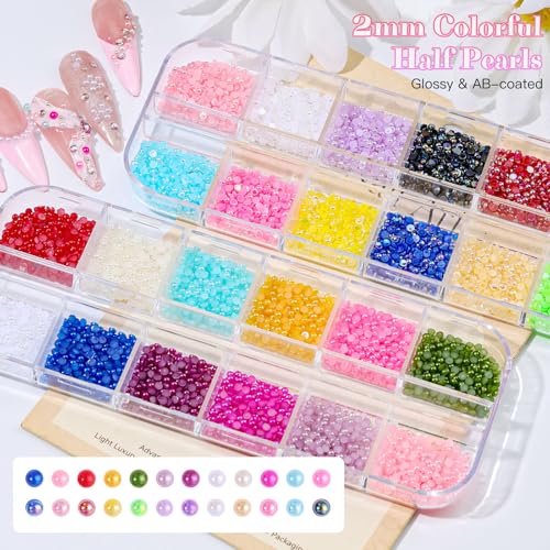 6 Boxes 2mm Nail Art Rhinestones for Bedazzling Kit, Mixed-Color Small Jelly Clear AB Rhinestones Decoration Flatback Pearls Nail Accessories with Tweezers and Brush for Nails DIY Tumblers Face Makeup - color: Mixed-Color - 2mm