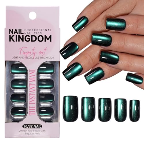 Green Press on Nails Short Square Fake Nails Cat Eye Designs Stick on Nails Glitter False Nails Bling Glossy Acrylic Glue on Nails for Women Manicure 30Pcs - color: Style-16