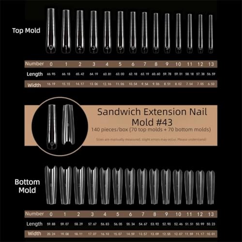 140Pcs Sandwich Dual Nail Forms 14sizes Quick Building Gel Nail Extensions-Dual Form with Reusable Top and Bottom Mold Tips (No.#43 (140Pcs)) - size: No.#43 (140Pcs)