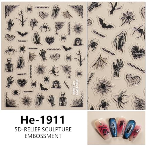 5D Embossed Halloween Nail Stickers Ghost Spider Rose Skull Nail Decals - color: Multicolor1