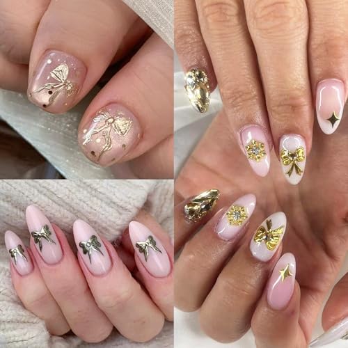 5D Embossed Bow Nail Stickers 4PCS Metalic Gold Silver Bow Charms - color: Chrome
