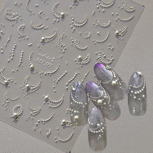 1 Sheet White French Tips Pearls Nail Art Stickers 5D Embossed Romantic Nail Stickers Line Nail Decals Design Nail Accessories French Line Manicure Supply for Women Valentines Day Nail Art Decoration - style: pearl french lines