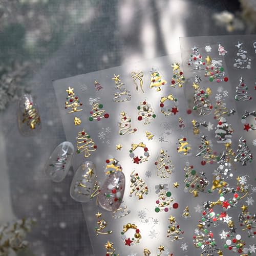 1 Sheet Christmas Nail Art Stickers Golden Xmas Tree Nail Decals with Rhinestone Star Bow Christmas Tree Nails Design Winter Xmas Nail Design Nail Supplies for Women DIY Holiday Manicure Decorations - style: christmas lines