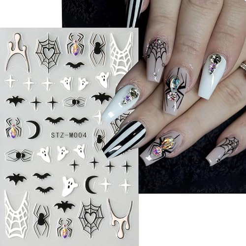 Halloween Nail Stickers for Nail Art 6 Sheets Self-Adhesive Spider Web Ghost Diamond Spider Bat Nail Art Stickers Halloween Spooky Decals Spiders Bat Sticker Holiday DIY Manicure Decoration for Women - style: Fall