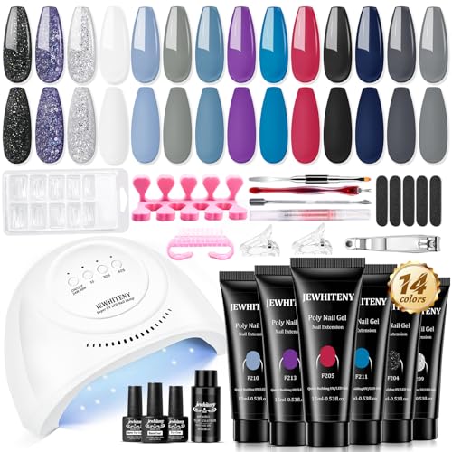 JEWHITENY Poly Nail Gel Kit 14 Colors Purple Nude Grey Black Blue Glitter Tones Starter Kit with UV Lamp Matte & Glossy Top & Base Coat All-in-One Designs DIY At Home - color: F02