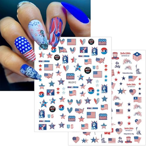 10Pcs 4th of July Nail Stickers Patriotic Nail Decals Independence Day Nail Art Stickers American Flag Stars Eagle Fireworks Heart Nail Design Supplies Memorial Day DIY Nail Decoration for Women Girls - style: independence day-1