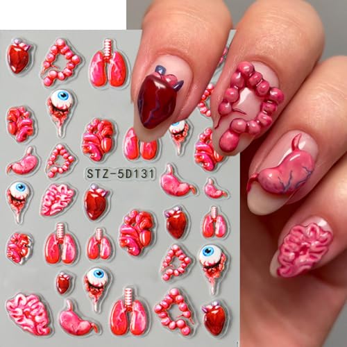 2 Sheets Halloween Horror Nail Art Stickers 5D Embossed Blood Eyes Wounds Pattern Nail Stickers Gothic Horror Day of Death Design Nail Sticker for Women Holiday DIY Manicure Decoration - style: Holiday