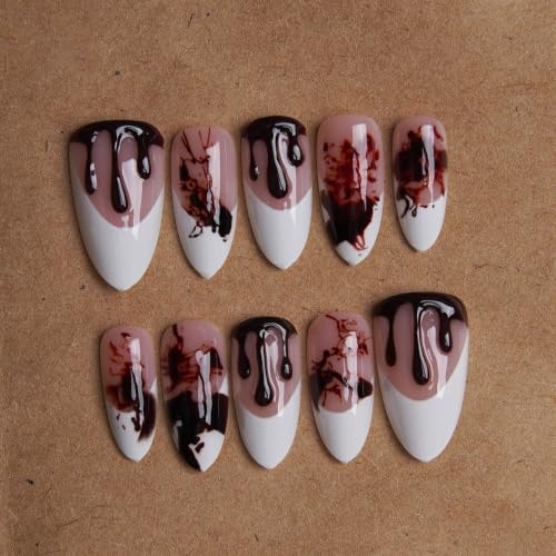 Halloween 3D Bloody Press on Nails Medium Almond French Tip 24Pcs - color: Halloween 3