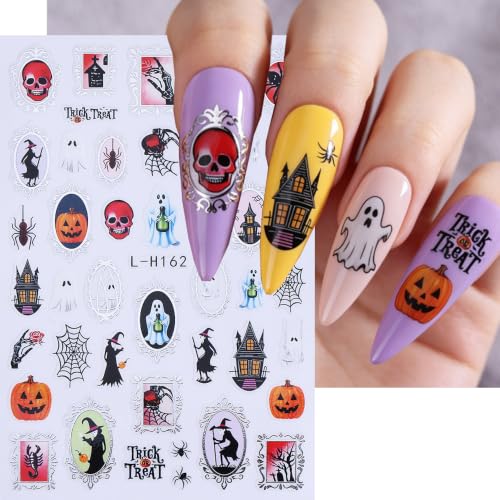 Halloween Nail Art Sticker Pumpkin Ghost Nail Sticker 6Pcs French 3D Self-Adhesive Spider Web Skeleton Spider Castle Nails Decal Witch Skull Nail Supplies Accessories for Halloween Manicure Decoration - color: Ghost Man