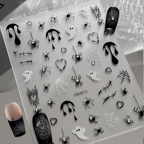 Halloween Nail Stickers for Nail Art Cute Ghost Spider Halloween Fingernail Nail Art Stickers Black White 5D Embossed Nail Decals 3D Self-Adhesive Nails Supply Manicure Sliders for Nail Decoration - color: Halloween Style11