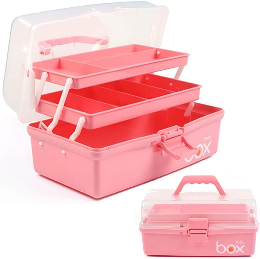 TERGOO 13in Lager Plastic Craft Organizer and Storage 3-Layer Tackle Box - color: Pink