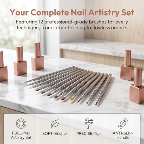 12Pcs Nail Art Brush Set, Professional Gel Nail Brush Kit