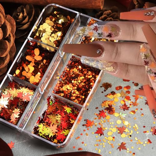 1 Box 6 Color Holographic Hexagonal Nail Glitter Fall Maple Leaf Nail Sequins 3D Sparkly Nail Flakes Laser Gradient Glitter Flakes Iridescent Nail Art Glitter Shiny Nail Sequins Glitter for Nail Arts - color: YHN31
