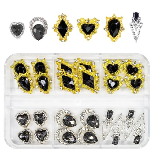 24pcs Black Nail Rhinestones Luxury Nail Charms Jet Black Heart Charms for Nails 3D Big Nail Gems K9 Glass Crystals Diamonds Jewelry Stones Alloy Nail Art Studs Nail Art Decor for Arylic Nails Crafts - color: Luxury Charms - Black, size: 1 Box