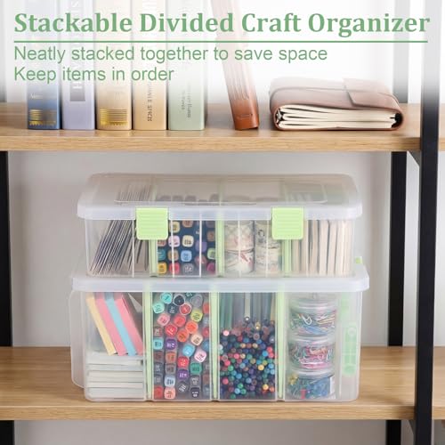 BTSKY Clear Plastic Dividing Storage Box with 4 Deep Compartment Sewing Box - size: 13.9x7.9x6.2 Inches-Green