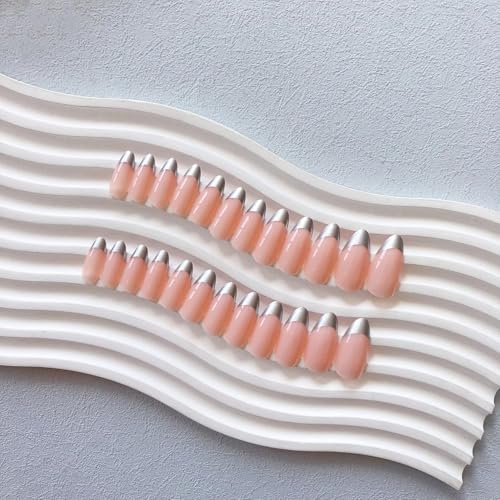 Silver French Tip Press On Nails Medium Almond, Fake Nails French Nails Press ons Acrylic Nails Glue on Nails Medium, Natural Short Almond Nails False Nails for Women in 12 Sizes 24 Pcs - color: almond chrome silver