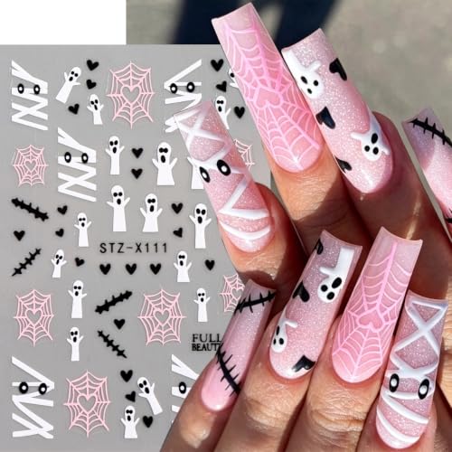 Halloween Nail Art Sticker Ghost Spider Web Nail Sticker 6Pcs French 3D Self-Adhesive Pink Heart Spider Web Mummy Nails Decal Cute Ghost Nail Supplies Accessories for Halloween Manicure Decoration - color: Pink Spider Web Ghost