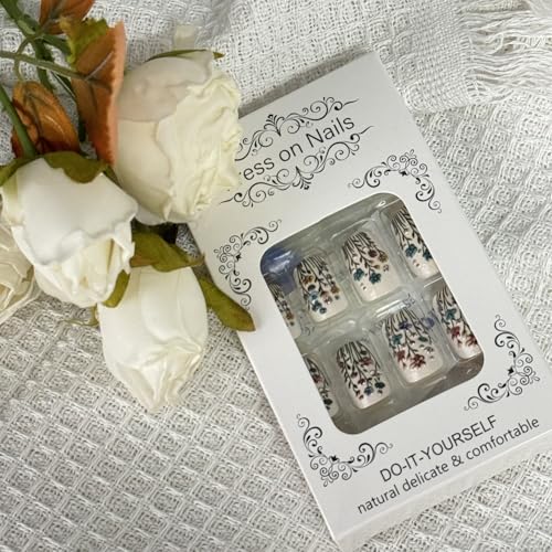 Flower Press on Nails Short Square Fake Nails Green White False Nails Full Cover Acrylic Nails Press ons Spring Floral False Nails with designs Stick on Nails Gel Glue on Nails for Women Summer Nails - color: s34