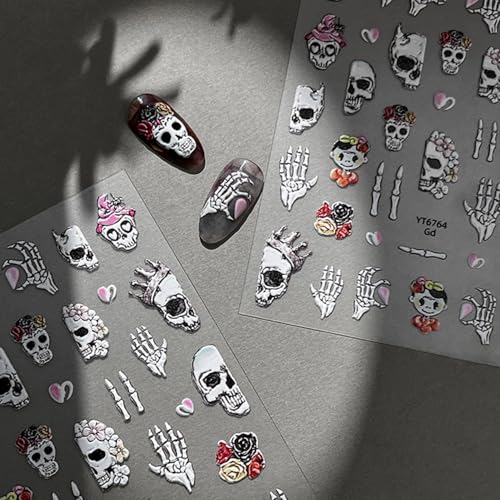 Halloween Nail Stickers for Nail Art Charm Skull Halloween Fingernail Nail Art Stickers Black 5D Embossed Nail Decals 3D Self-Adhesive Nails Supply Manicure Sliders for Nail Decoration - color: Halloween Style13
