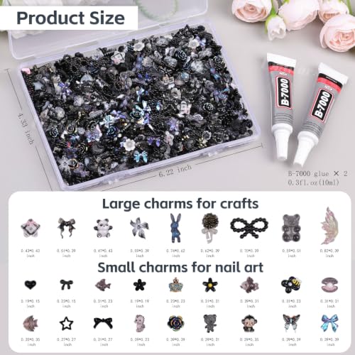 2000Pcs 3D Black Gothic Nail Charms Bulk Y2k Dark Nail Gems for Crafts Set - color: Black