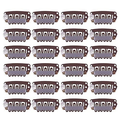 YANTAISIYU 24 pcs/lot Metal Hair Extension Clips, 28mm 6-Teeth Clips with Rubber U-Shape Snap for Hair Extension Hairpiece (Dark Brown) - color: Dark Brown, style: 28mm 24pcs U-shape