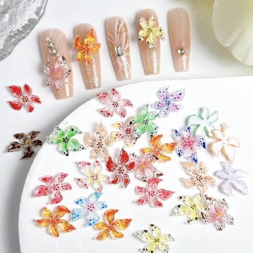 100PCS Flower Nail Art Charms 3D Hawaii Flowers Nail Art Colorful Rhinestones Hibiscus Floral Diamonds Nail Jewelry Summer Nail Jewelry Nail Supplies for Women (Flowers-A) - color: Flowers-A