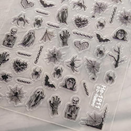 5D Embossed Halloween Nail Stickers Ghost Spider Rose Skull Nail Decals - color: Multicolor1