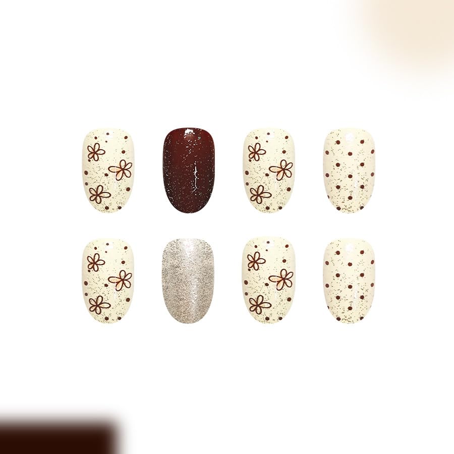 24Pcs Fall Flower Press on Nails Short Almond Polka Dots Fake Nails - color: Fall10