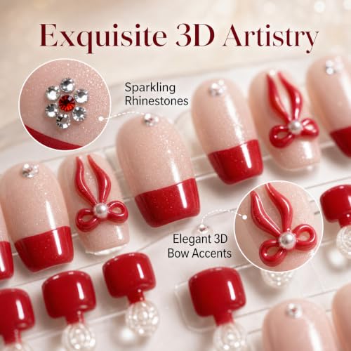 54pcs Red French Tip Press on Nails and Toenails Set, 3D Bows and Pearls Fake Nails Coffin Shape, Full Cover Red False Toe Nails Bundle, Coquette Aesthetic DIY Manicure Kit for Women - color: Red French