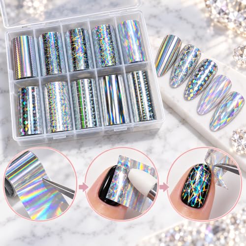 10Pcs Laser Aurora Nail Foil Transfer Stickers for Long Short Acrylic Nails - color: Silver