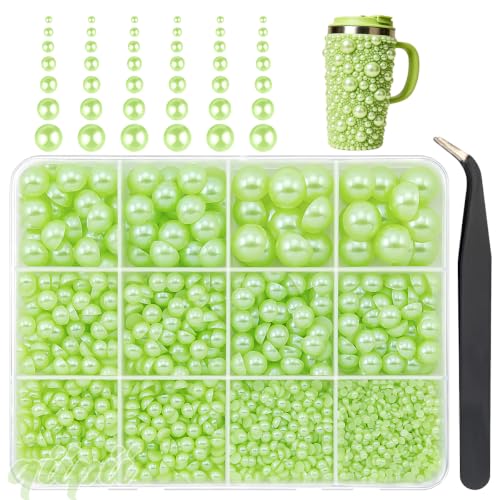 qiipii 2mm-10mm Light Green Flatback Half Round Pearls Gems Nail Charms Kit - color: Light Green, size: Solid Color Half Pearls