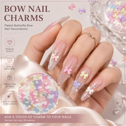 100PCS Cute Bow Nail Art Charms Colorful 3D Bowknot Charms for Nails Resin Flat Back Nail Jewelry Accessories Bowknots Mini Nail Supplies (Bow) - color: Bow