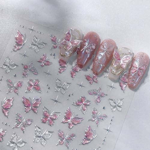 Red Butterfly 5D Embossed Nail Art Stickers Spring Summer Nail Decals Hot Silver Butterflies Nail Stickers Self Adhesive Glitter Star Nail Design Stickers for Women Spring Summer Nail Art Supplies - style: Butterfly Nail Stickers-7