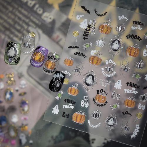 Halloween Nail Stickers 5D Ghost Pumpkin Spider Nail Decals for Nail Art - color: Multicolor-090