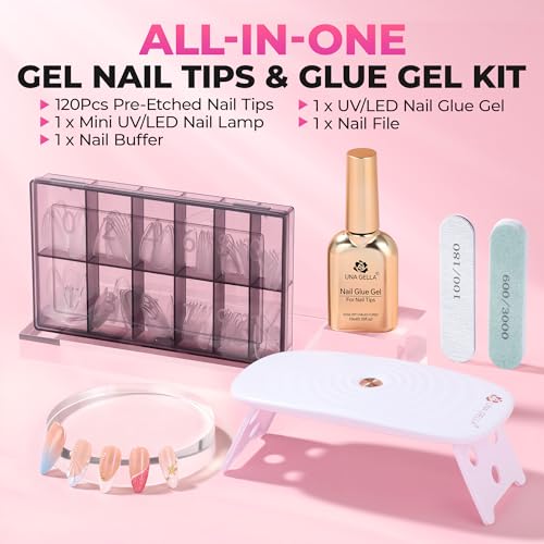 UNA GELLA Medium Almond Gel Tips Nail Kit, Pre-Etched Nail Tips 120PCS