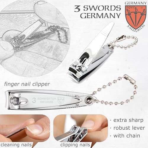 3 Swords Germany – Brand Quality fingernail & toenail Clipper, Manicure, Pedicure Nail Care by with Metal Nail File and case, Silver Color Edition - color: Silver