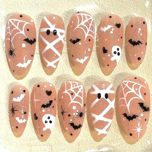 Halloween Press on Nails Long Almond Fake Nails Ghost Bat Spider Web Art - color: Halloween Press on Nails 05