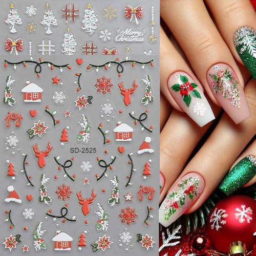Christmas Nail Stickers, 5D Embossed Holly Leaf Nail Decals Snowflake Elk Lights Bell Xmas Tree Winter Nail Design Holiday Nail Art Decoration for Women Girls(5Sheets) - style: Holly Leaf
