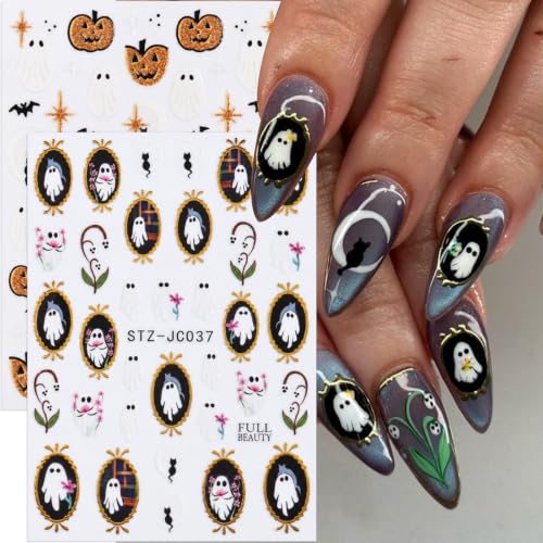 Halloween Ghost Nail Stickers, Pumpkin Bat Gold Frame Nail Decals, 6 Sheets - color: Multicolor-06
