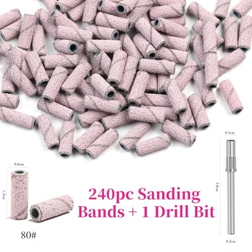 240Pcs Nail Drill Bits, 80 Grits Sanding Bands for Nail Drill with 3.1mm Mandrel Bits, Mini Sanding Bands for Acrylic Nails Gel Manicures and Pedicures (Pink) - color: 240pc Pink, size: 80 Grit