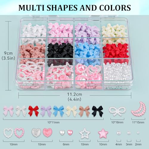 600 Pcs 3D Nail Bow Charms and Flatback Pearls Nail Charms Set 1 - color: Set 1 - 8 Colors A Style