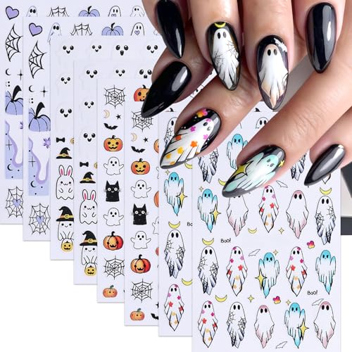 8Sheets Halloween Cute Heart Ghost Nail Stickers 3D Self-Adhesive Pumpkin Spider Web Nail Decals Pumpkin Bat Spider Web Black Cat Nails Design Star Nail Accessories for Women Holiday Manicure Decor - style: spider web