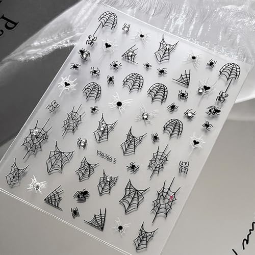 Halloween Nail Stickers for Nail Art Cute Spider Web Halloween Fingernail Nail Art Stickers Black 5D Embossed Nail Decals 3D Self-Adhesive Nails Supply Manicure Sliders for Nail Decoration - color: Halloween Style10