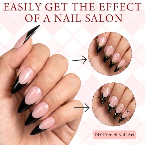 Black French Tip Press on Nails,Long Stiletto Nails, Light Pink - color: Black French Tips in Light Pink Base