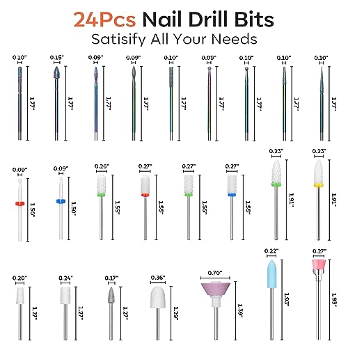 Modelones 24Pcs Nail Drill 3/32” Ceramic Diamond Carbide Nail Drill Bits - size: Nail Drill