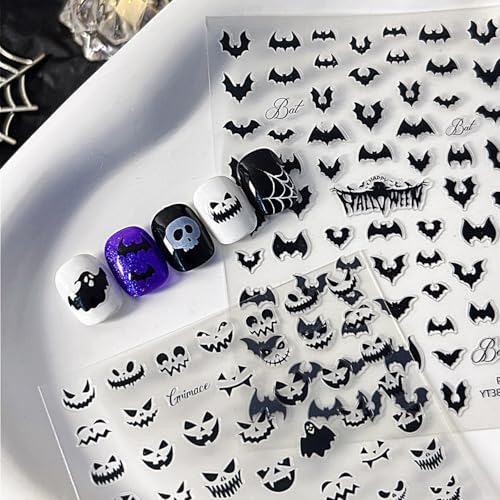 Halloween Nail Stickers for Nail Art Jack O Lantern Pumpkin Grimace Nail Art Stickers Ghost Holiday Cute 5D Embossed Black Nail Decals Self-Adhesive Nails Supply Manicure Sliders for Nails Decoration - color: Halloween Style1
