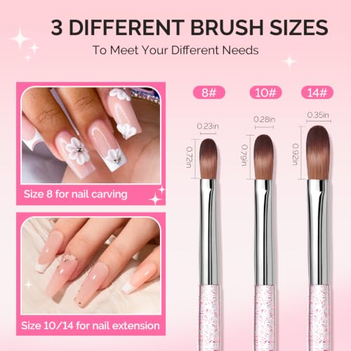 MelodySusie 3Pcs Acrylic Nail Brush Set,Sizes 8/10/14 - color: Transparent pink