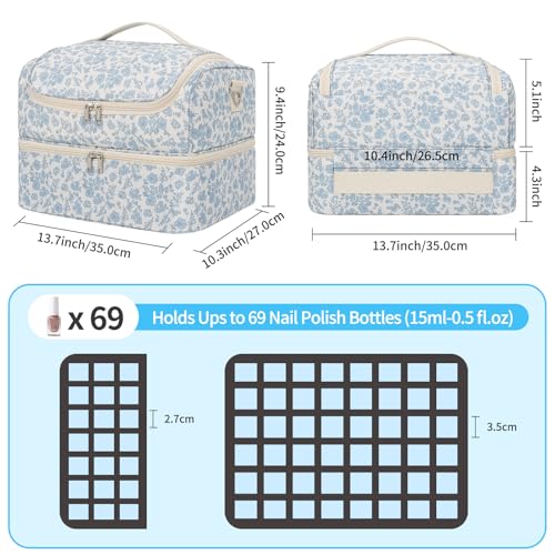 Nail Polish Organizer, Nail Supplies Storage Case Holds 69 Bottles Nail Polish & Nail Lamp, Travel Nail Tech Carrying Bag, Nail Kit Bag for Nail Stuff & Manicure Tools (Floral Blue, 69 Slots) - color: Blue Floral, size: 69 Slots