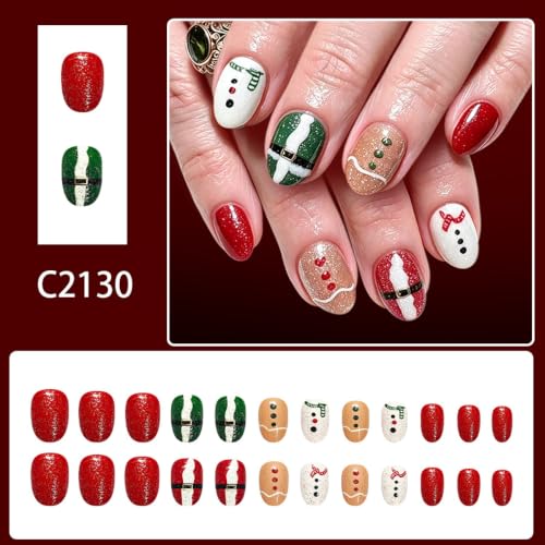 Christmas Press on Nails for Women，Short Oval Fake Nails, 24Pcs - color: Color-35